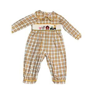 STITCHY FISH Smocked Orange Plaid Fun At The Farm Fall Outfit Longalls Romper